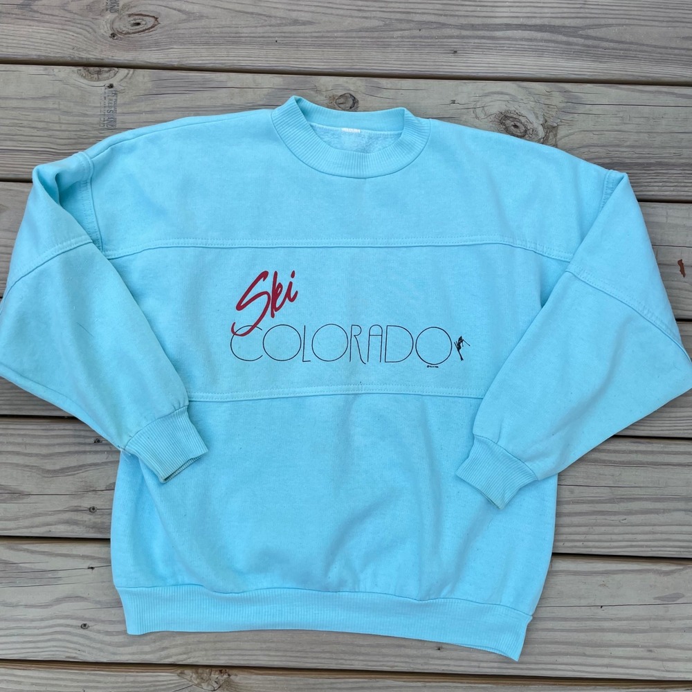 Vintage Ski Resort Colorado Sweatshirt Light Blue Crewneck Graphic Pullover LG